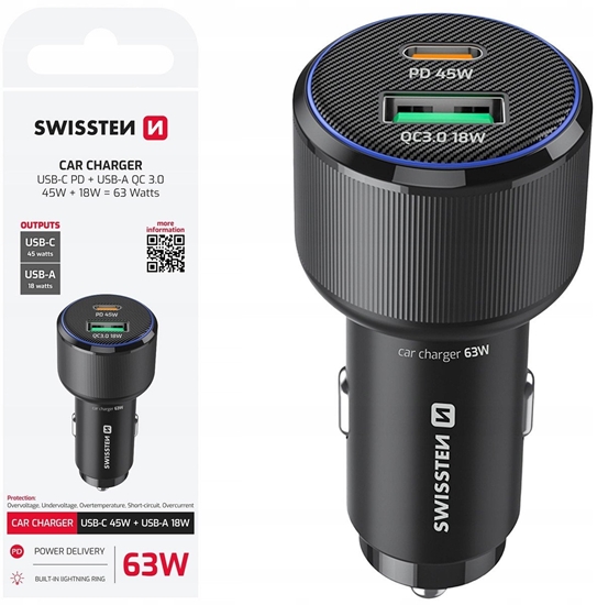 Изображение Swissten Car Charger USB-C PD / USB 63W