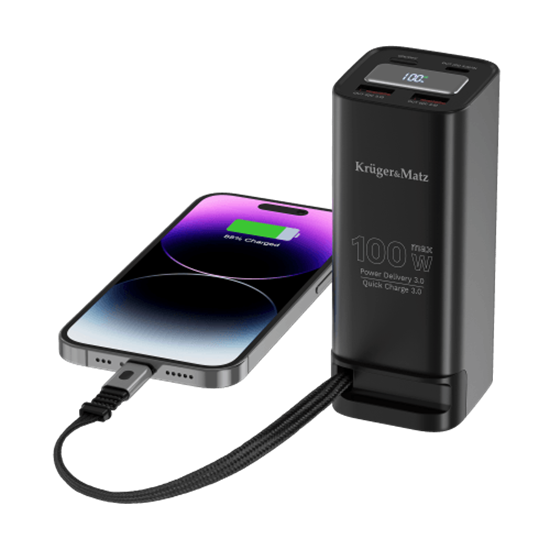 Picture of 20'000 mAh ātrais 100W lādētājs-akumulators (Power Bank) ar displeju | integrēts kabelis USB-C