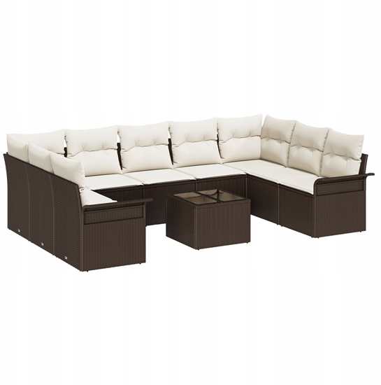 Picture of 9-czciowy zestaw sof ogrodowych z poduszkami szary polirattan, 2-osobowa sofa ogrodowa z miejscem do przechowywania i poduszkami brzowy polirattan