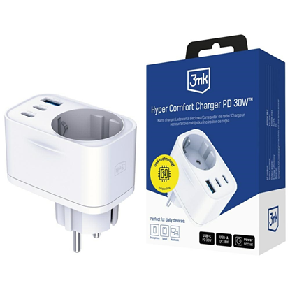 Picture of Adapter sieciowy 3MK Hyper Comfort       Charger 30W 1xUSB-A 2xUSB-C 1xSchuko PD QC3.0 biay