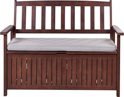 Изображение Beliani awka ogrodowa ze schowkiem 120 cm drewniana mahoniowy brz z poduszk szar SOVANA