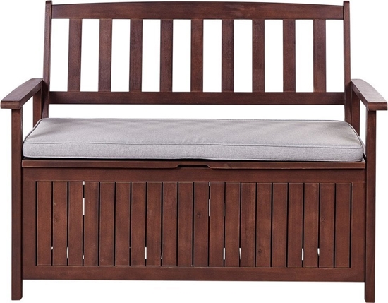 Изображение Beliani awka ogrodowa ze schowkiem 120 cm drewniana mahoniowy brz z poduszk szar SOVANA