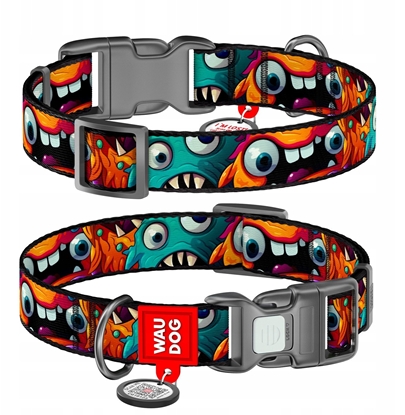 Picture of Collar WauDog Nylon Obroa nylonowa z QR-paszportem, plastikowy fastex, wzór ZBATE POTWORY, S 15mm/25-35cm