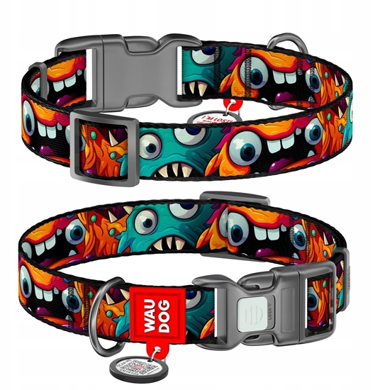 Изображение Collar WauDog Nylon Obroa nylonowa z QR-paszportem, plastikowy fastex, wzór ZBATE POTWORY, S 15mm/25-35cm