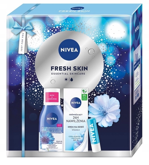 Picture of NIVEA_SET Fresh Skin Odwieajcy krem na dzie 24h nawilenia SPF 15 50ml + Dwufazowy pyn do demakijau oczu 125ml + Hydro Care SPF15 pielgnujca pomadka do ust 4,8g