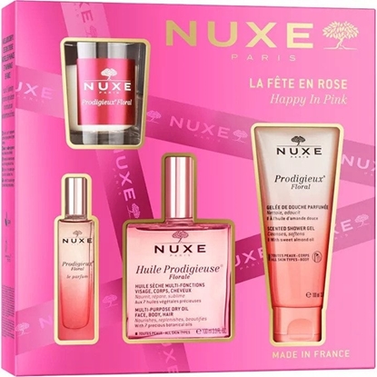 Picture of NUXE_SET Happy In Pink Huile Prodigieuse Florale suchy olejek pielgnacyjny o kwiatowym zapachu 100ml + Prodigieux Floral el pod prysznic 100ml +  Prodigieux Floral EDP spray 15ml + wieca zapachowa 60g