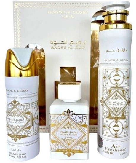 Изображение SET LATTAFA Honor & Glory Badee Al Oud EDP spray 100ml + PERFUMED SPRAY 200ml + AIR FRESHENER 300ml