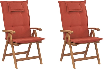 Изображение Shumee Zestaw 2 krzese ogrodowych drewnianych z poduszkami czerwonymi JAVA