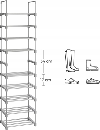 Attēls no Songmics Stojak na buty, 10-poziomowy metalowy organizator buta, konfigurowalna konstrukcja, metalowa rama, stojak na oszczdzanie przest