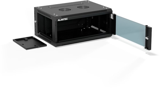 Изображение Szafa wiszca 19" 4U 600x450, drzwi szklane jednoskrzydowe, ty osona pena demontowalna, osony boczne pene demontowalne zamykane na klucz, 4 belki, kolor czarny, ALANTEC