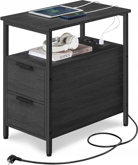 Picture of Vasagle Stó boczny, stó nocny z paskiem zasilajcym, 2 szuflady, stó sofy, szafka nocna do salonu, sypialnia, antracytowa szara klasy