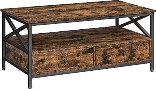 Изображение Vasagle Stolik Kawowy, Stó Do Salonu, Z 2 Szufladami I Otwart Pók Do Przechowywania, Stalowa Rama W Ksztacie X, 100 X 55 X 45 Cm, S