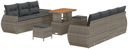 Attēls no vidaXL Zestaw sof ogrodowych 10-elementowy z poduszkami Szary Poli Rattan Akacja, Zestaw obiadowy ogrodowy 3-elementowy z poduszkami Szary Poli Rattan Akacja