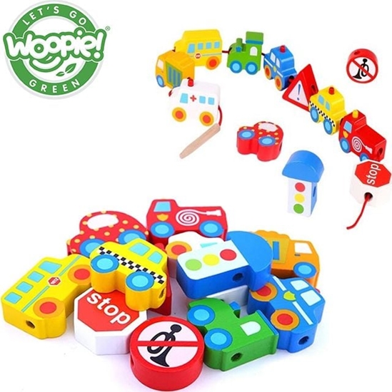 Picture of Woopie WOOPIE GREEN Drewniane Klocki do Nawlekania Pojazdy Samochody 13 el.