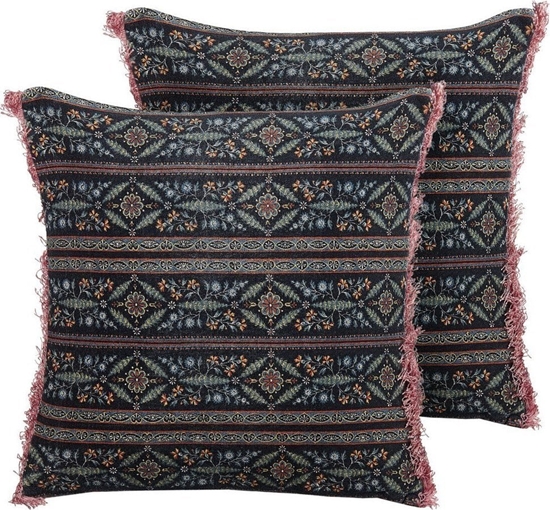 Изображение Beliani 2 poduszki dekoracyjne welurowe w kwiaty z frdzlami 45 x 45 cm wielokolorowe RUTA!