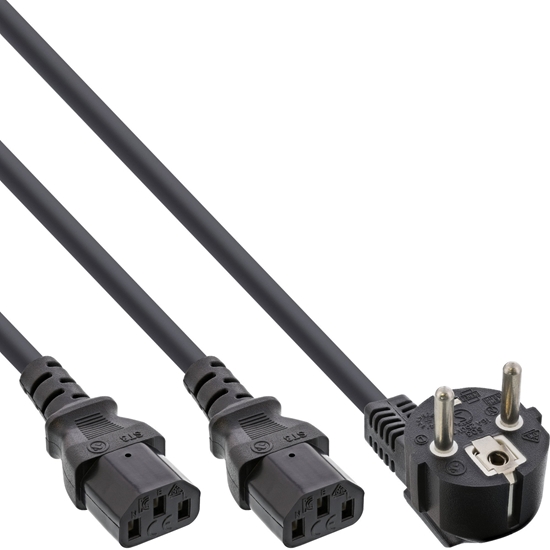 Picture of InLine CEE 7/7 - 2 x C13 Y-power cord with angled plug, 5 m
