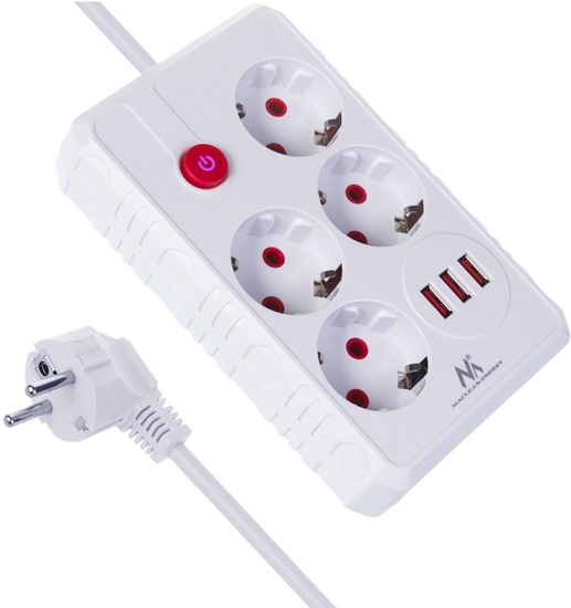 Изображение Listwa zasilajca Maclean, przeduacz 4 gniazda + 3xUSB, 110-240V AC 50/60Hz, 2.1A max 2500W, 3m, biaa,MCE393 W