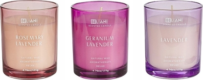 Изображение Beliani 3 wiece zapachowe sojowe lawenda/ rozmaryn z lawend/ geranium z lawend SHEER JOY