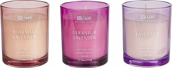 Изображение Beliani 3 wiece zapachowe sojowe lawenda/ rozmaryn z lawend/ geranium z lawend SHEER JOY