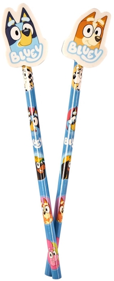 Picture of BLUEY 2-pack pencils w/2 eraser toppers - triangular pencils, unsharpened, each with eraser topper, packed on blistercard w/eurohole, CE & 0-3 years pictogram