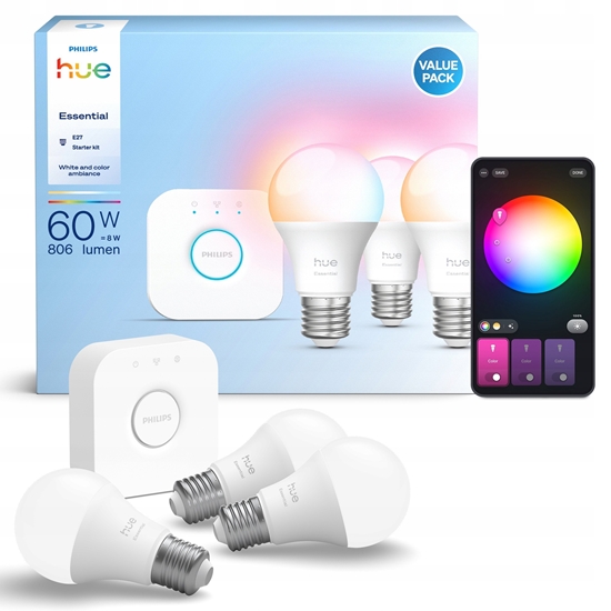 Picture of Philips Hue Essential Starter Kit A60 + Hue Bridge Full Color E27 3 gab. balta Inteligentna arówka 929004235411 (8721103103673)