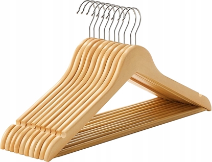 Attēls no Songmics Wieszaki drewniane, zestaw 10, wieszaki na paszcz, wieszaki na ubrania, z naciciami, batonikiem przeciwpolizgowym, 360 ° Hook