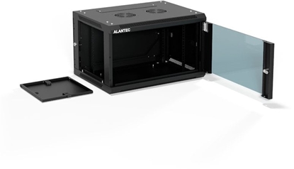 Attēls no Szafa wiszca 19" 6U 600x450, (opcja dwusekcyjna) drzwi szklane jednoskrzydowe, ty osona pena demontowalna, osony boczne pene demontowalne zamykane na klucz, 4 belki, kolor czarny, ALANTEC