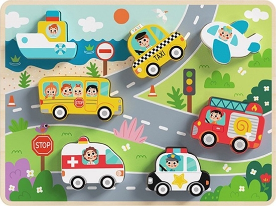 Picture of Tooky Toy Tooky Toy Drewniane Puzzle Pojazdy Samochody Samolot Statek Miasto Dopasuj Ksztaty