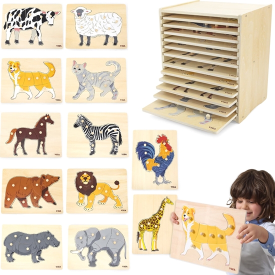 Picture of Viga Toys VIGA Zestaw Puzzle Drewniane 12 Ukadanek Zwierztka Montessori + Stojak