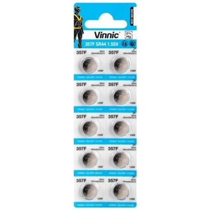 Attēls no 357 baterijas Vinnic sudraba-oksīda SR44 iepakojumā 10 gb.