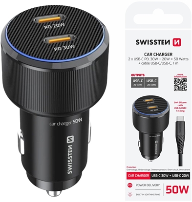 Picture of adowarka Swissten PD 2x USB-C Car Charger 50W with USB-C - USB-C Cable 1m