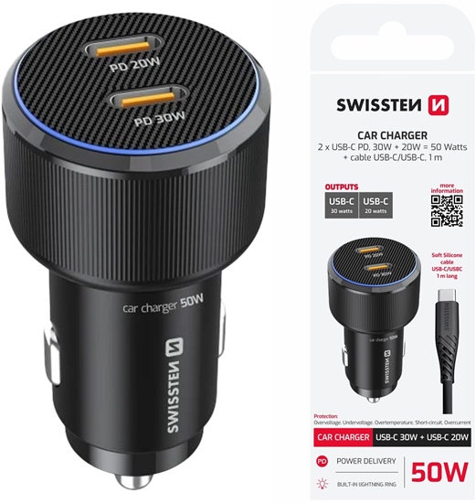 Picture of adowarka Swissten PD 2x USB-C Car Charger 50W with USB-C - USB-C Cable 1m