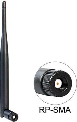 Attēls no Delock WLAN 802.11 ac/a/b/g/n Antenna RP-SMA plug 4 - 5 dBi omnidirectional with tilt joint black