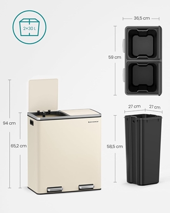 Attēls no Dwukomorowy kosz na mieci 2 x 30 l, z 15 workami na mieci, metalowymi pedaami, 2 plastikowymi wiaderkami, pokrywkami, uchwyta