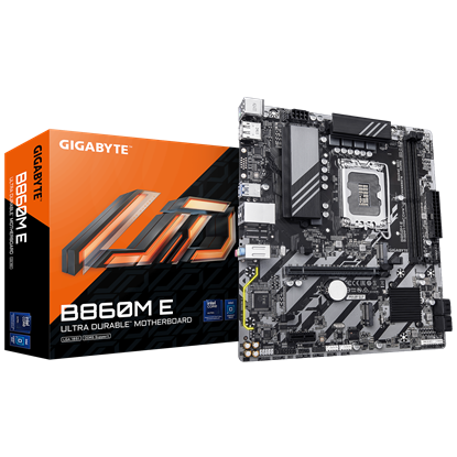 Изображение Gigabyte B860M E | Processor family Intel | Processor socket LGA1851 | DDR5 | Supported hard disk drive interfaces SATA, M.2 | Number of SATA connectors 4