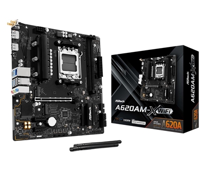 Изображение Mainboard|ASROCK|AMD A620|Socket AM5|micro ATX|RAM DDR5-SDRAM|2xSlots|Wi-Fi Yes|Bluetooth Yes|1xNumber of M.2 (M) slots|A620AM-XWIFI