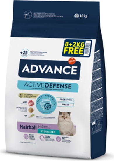 Picture of ADVANCE CAT STERILIZED HAIRBALL 8+2 KG - pilnvērtīga sausā barība sterilizētiem pieaugušiem kaķiem, kuriem ir problēmas ar gremošanas traktu un kuri cieš no spalvu kamoliņu veidošanos kuņģa-zarnu traktā. Ar tītara gaļu un miežiem