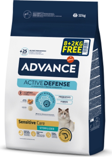 Picture of ADVANCE CAT STERILIZED SENSITIVE CARE SALMON 8+2kg - pilnvērtīga sausā barība pieaugušiem sterilizētiem kaķiem no 1 līdz 10 gadiem, ar jūtīgu gremošanas sistēmu. Ar lasi.