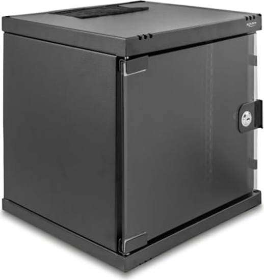 Изображение Delock 10″ Network Cabinet 6U with glass door for stand or wall mounting, 240 mm depth, load capacity 30 kg, 330 x 312 x 300 mm, black