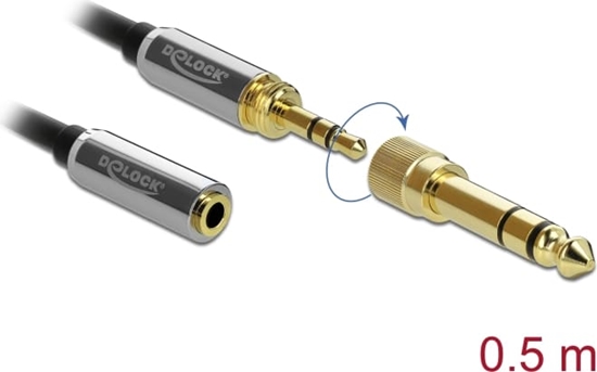 Picture of Delock Stereo Jack Extension Cable 3.5 mm 3 pin male to female with 6.35 mm screw adapter 0.5 m