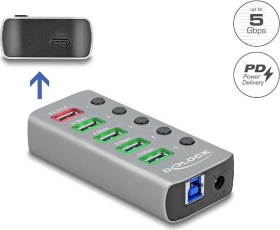 Picture of Delock USB 5 Gbps Hub with 4 Ports + 1 Fast Charging Port + 1 USB-C™ PD 3.0 Port with Switch and Illumination