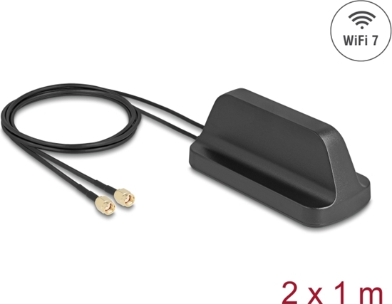 Picture of Delock WiFi 7 Antenna 2 x RP-SMA plug 2.4 - 4.0 dBi omnidirectional with magnetic base and connection cable ULA100 1 m outdoor black
