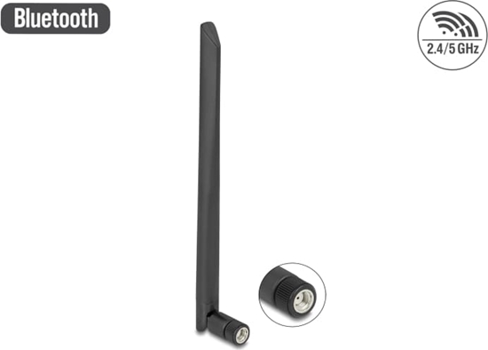 Picture of Delock WLAN 802.11 a/ax/a/b/g/n Antenna RP-SMA plug 5 dBi 20 cm omnidirectional with tilt joint flexible and rubber surface black
