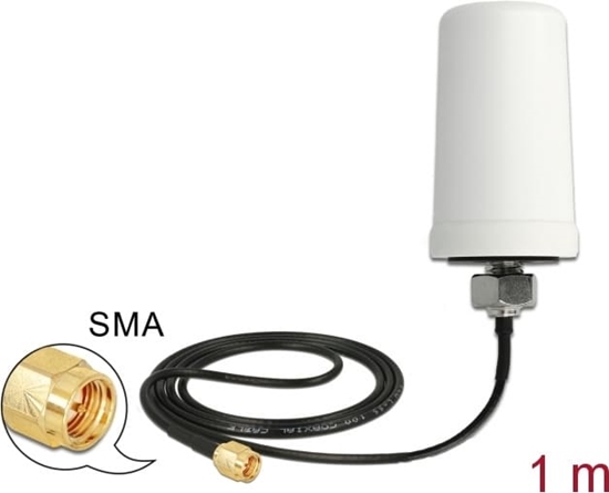 Picture of Delock WLAN 802.11 ac/a/h/b/g/n Antenna SMA plug 1.4 - 3.0 dBi omnidirectional with connection cable ULA100 1 m white outdoor