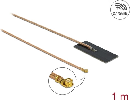 Picture of Delock WLAN 802.11 ac/ax/a/h/b/g/n Antenna I-PEX Inc., MHF® I plug 0.5 - 1.2 dBi RG-178 1 m PCB internal self adhesive