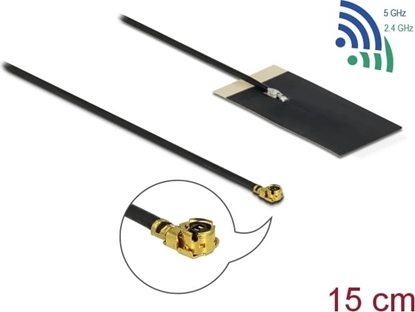 Attēls no Delock WLAN 802.11 ac/ax/a/h/b/g/n Antenna I-PEX Inc., MHF® I plug 2.7 - 3.0 dBi 1.13 15 cm FPC internal self adhesive