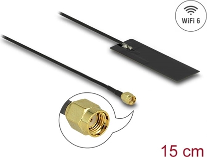 Attēls no Delock WLAN WiFi 6 802.11 ac/ax/a/h/b/g/n Antenna RP-SMA plug 2 - 4 dBi 15 cm PCB internal self-adhesive
