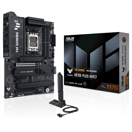 Picture of Asus TUF GAMING X870E-PLUS WIFI7 | Processor family AMD | Processor socket AM5 | DDR5 | Supported hard disk drive interfaces SATA, M.2 | Number of SATA connectors 4