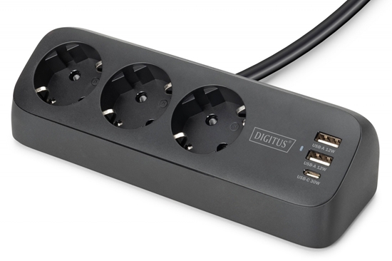 Picture of Digitus 3-way office socket strip with 2x USB-A and 1x USB-C connections, black