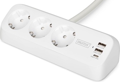 Изображение Digitus 3-way office socket strip with 2x USB-A and 1x USB-C connections, white